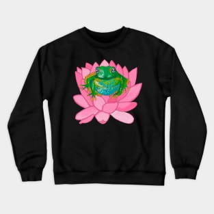 Green frog on pink flower Crewneck Sweatshirt